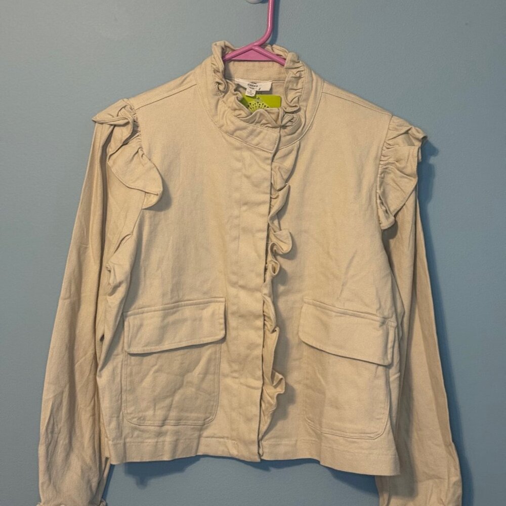 Entro NWT Women's Kimmi Ruffle Trim Utility Jacket - Cream Beige - Size Small - Picture 2 of 6